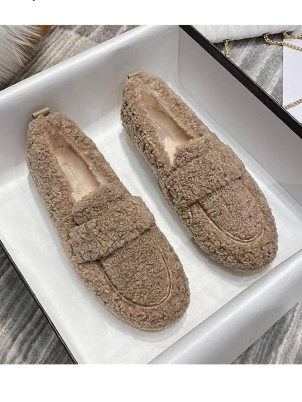 Fuzzy Faux Fur Plush Khaki Moccasin Indoor/Outdoor Loafers Slippers Size: 7 1/2